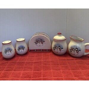 Vintage Royal Seasons 5pc Winter Wishes Table Set Snowmen Creamer Sugar Box